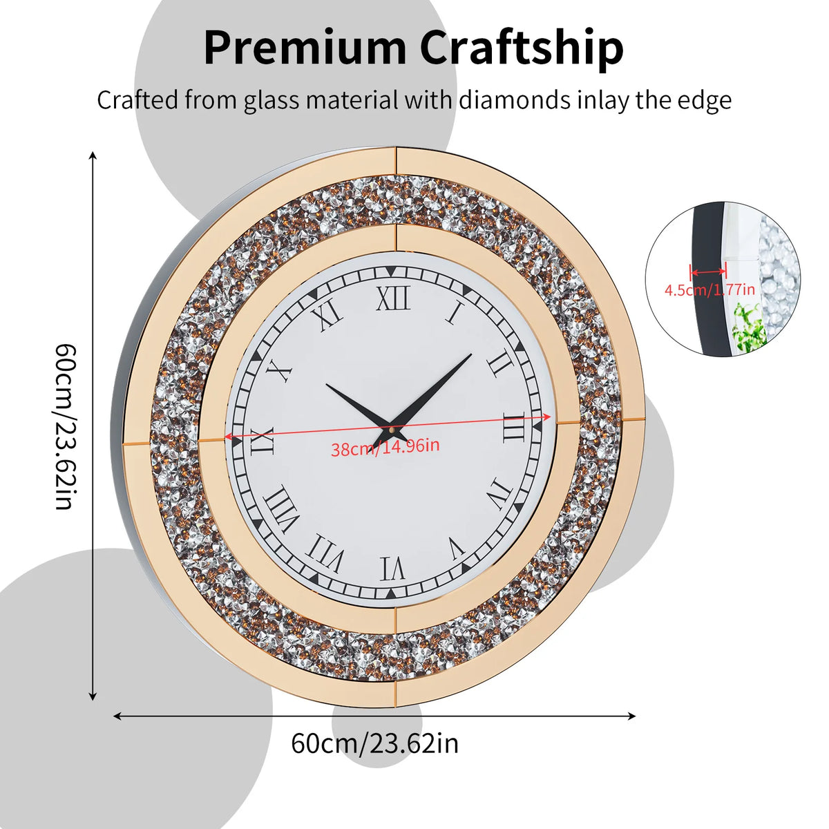 horloge murale moderne or strass 80cm quartz aiguille miroir salon