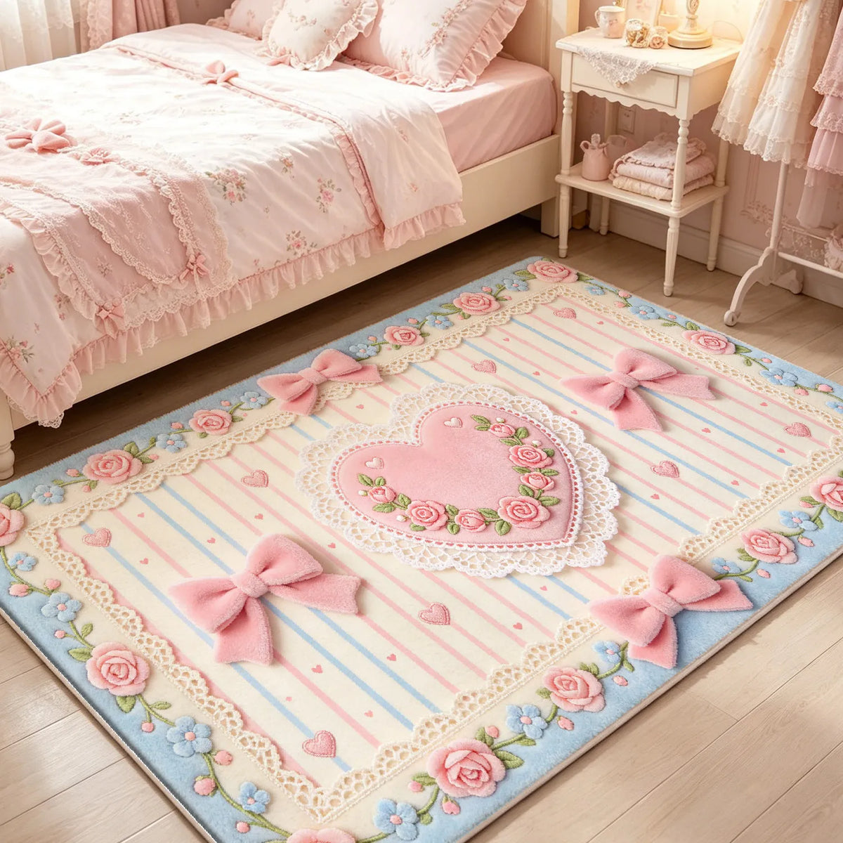 tapis rose romantique lolita rubans roses coeurs dentelle salon chambre 140x200cm polyester