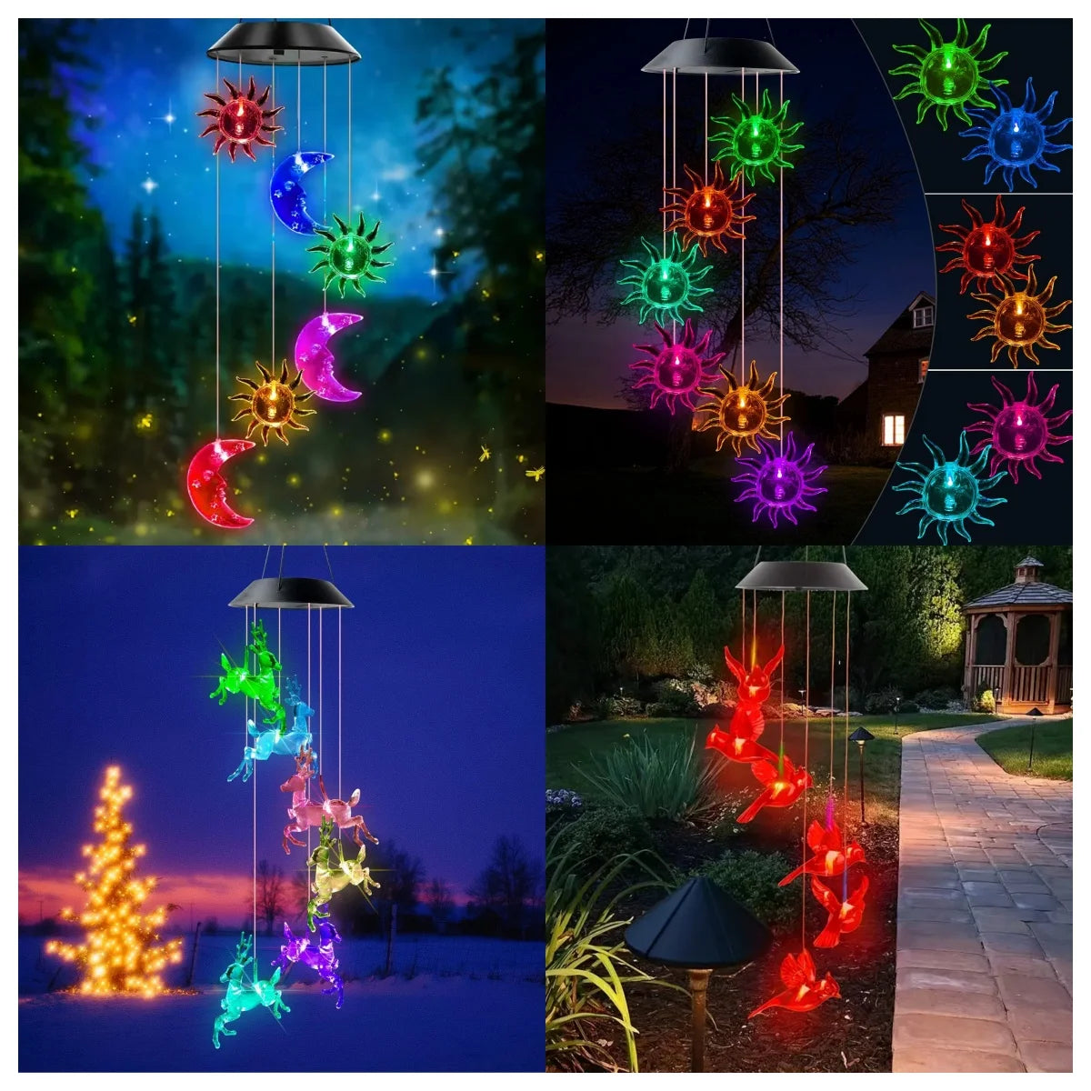 Mobiles solaires oiseaux chauves souris licornes chiens étoiles lunes cerfs bleu vert rouge jaune