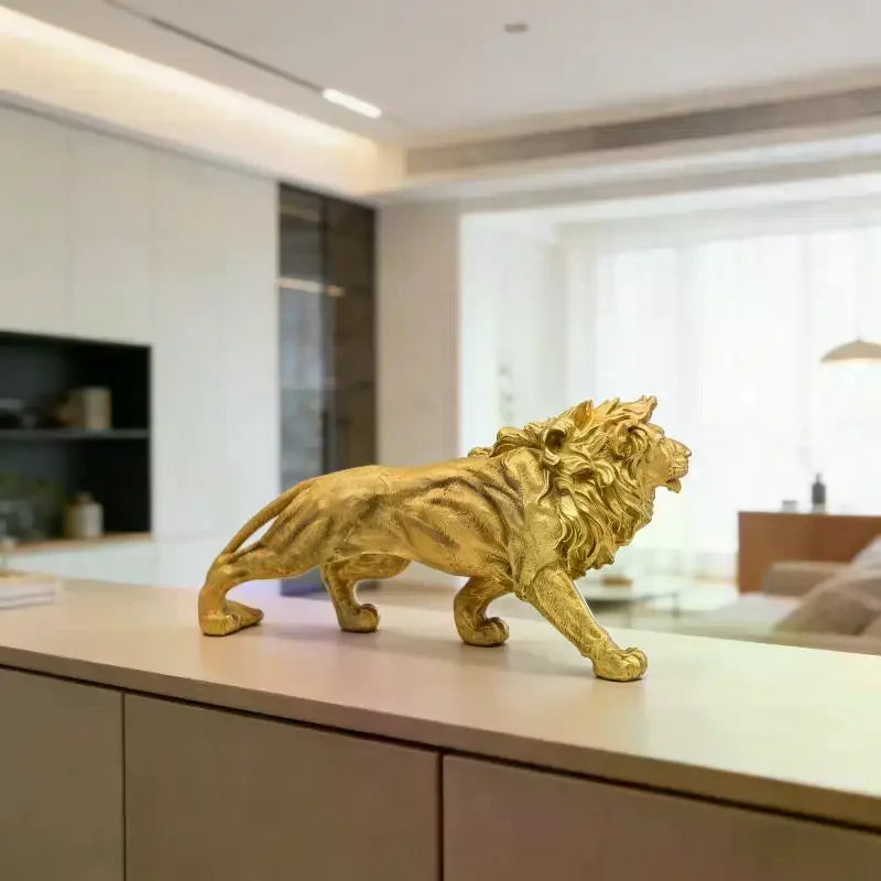 statue lion dorée résine décorative maison chambre salon réaliste détaillée pelage épais ornement sculptural