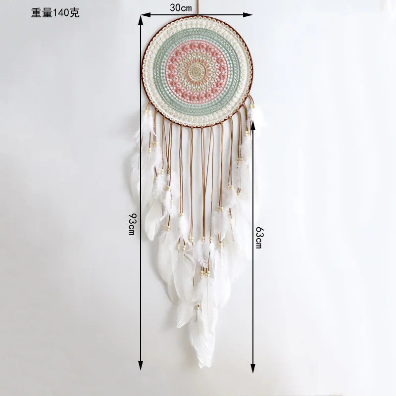 attrape rêves boho chic crocheté motifs floraux vert rose beige suspension intérieure
