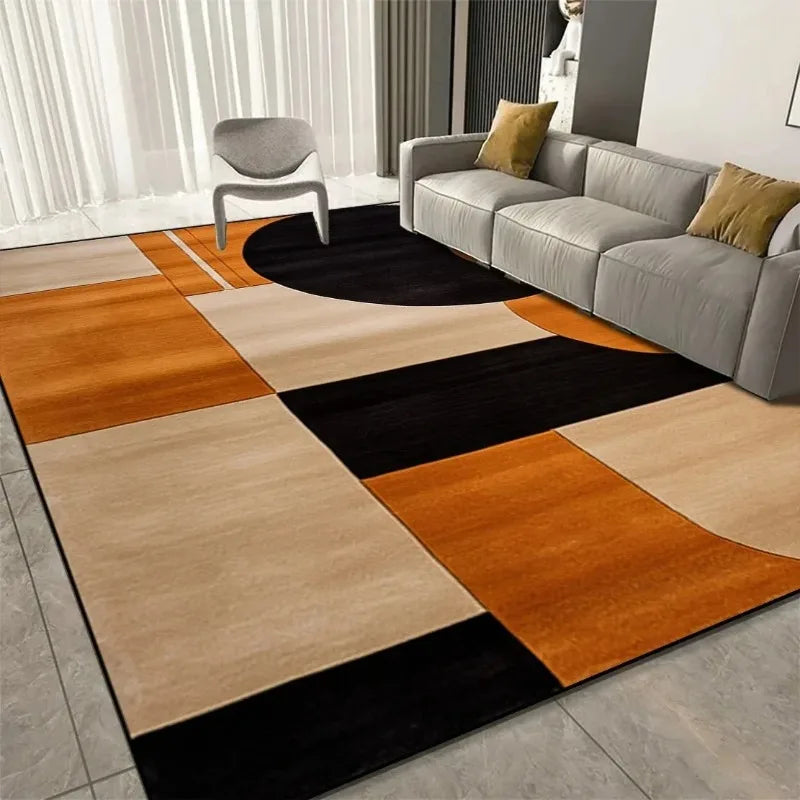 tapis salon moderne motif géométrique orange beige noir doux antidérapant grande surface polyester intérieur