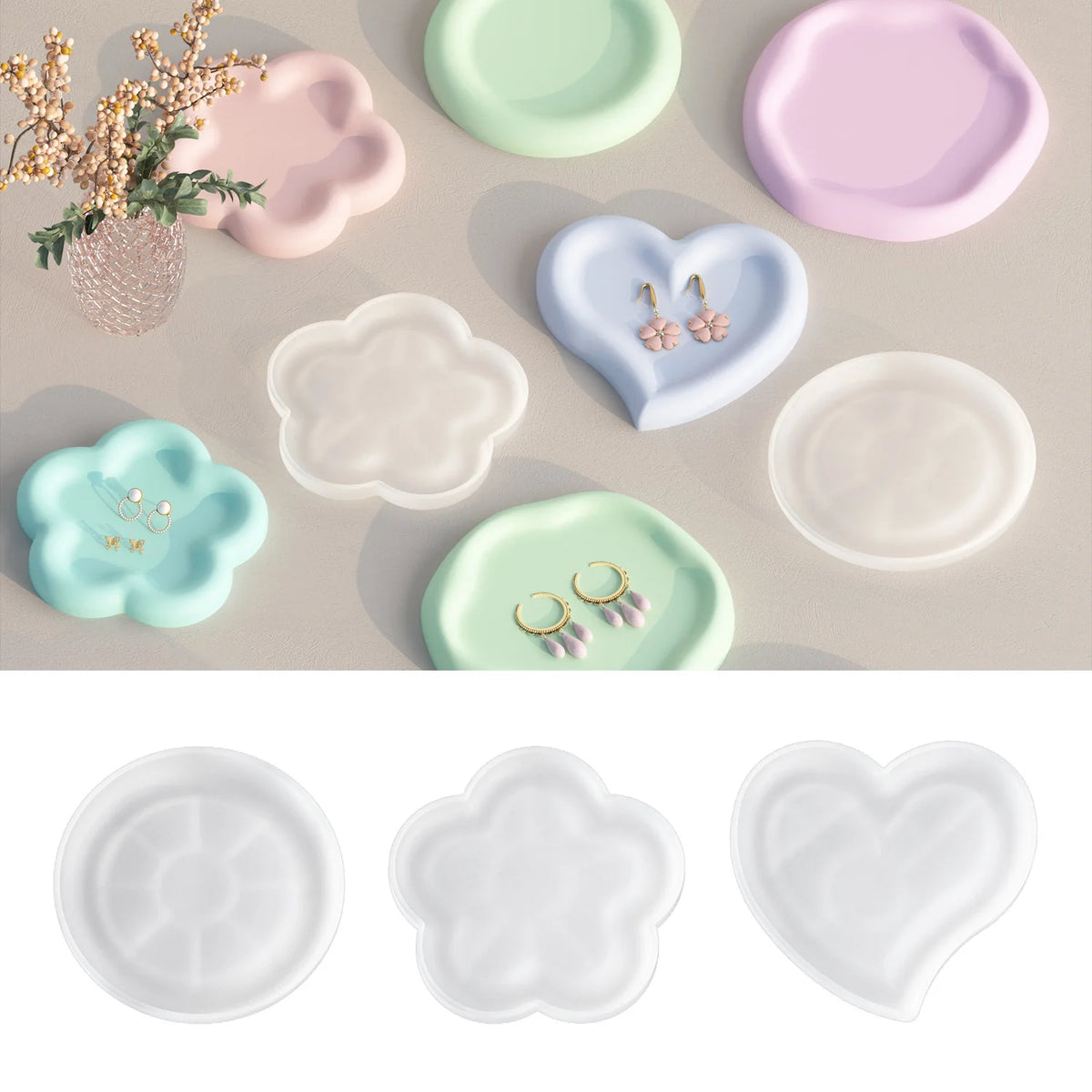 assiettes bijoux silicone géométriques modernes vert pastel blanc rose bleu pastel minimalistes