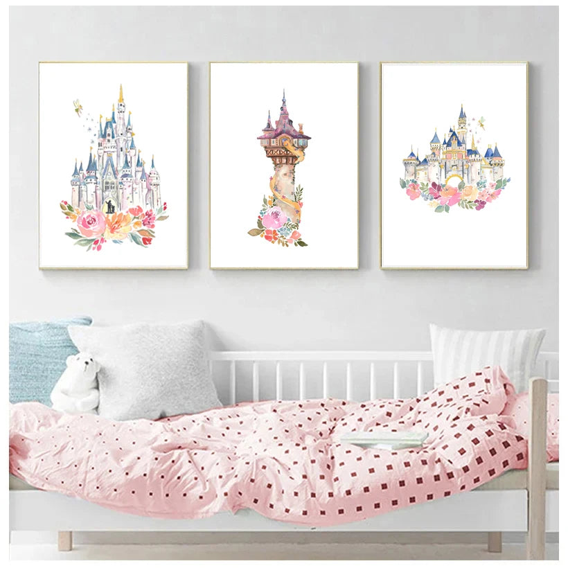 toile peinte château fleurs papillon aquarelle moderne décoration chambre filles