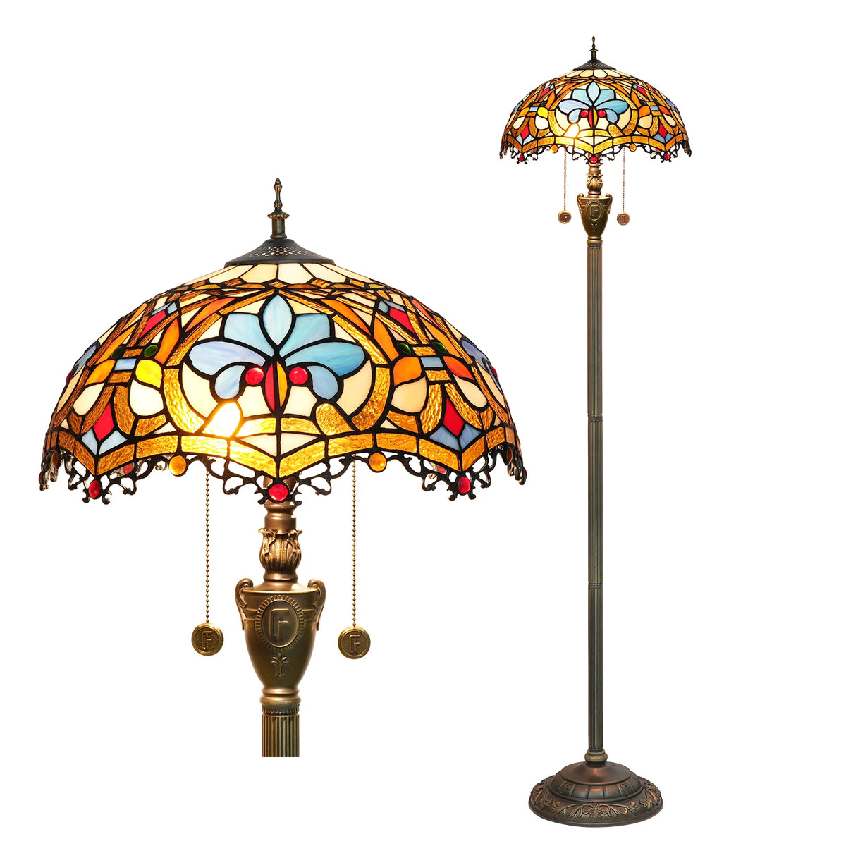 lampe sol tiffany multicolore art nouveau interrupteur pédale base résine hauteur 163cm