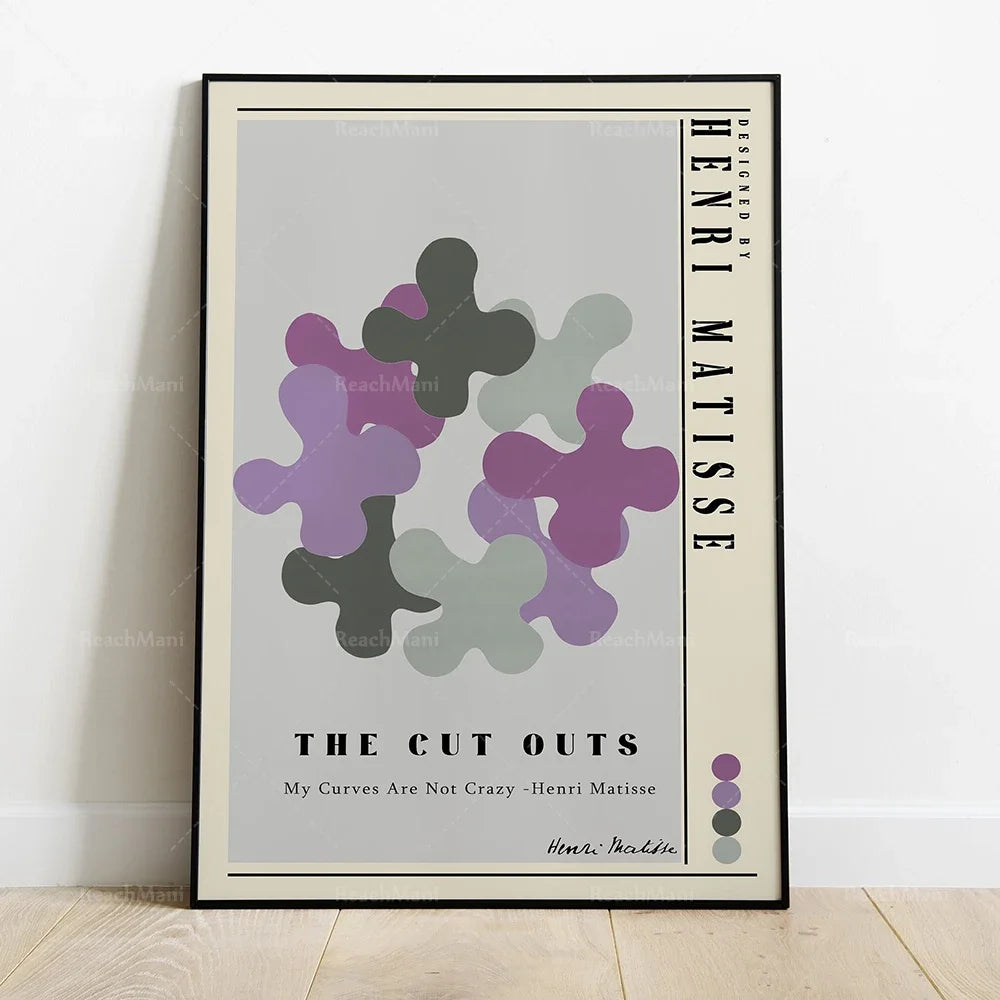 L'image montre une affiche d'art moderne avec des formes géométriques colorées sur un fond clair, accompagnée d'un titre et d'une citation attribuée à Henri Matisse.