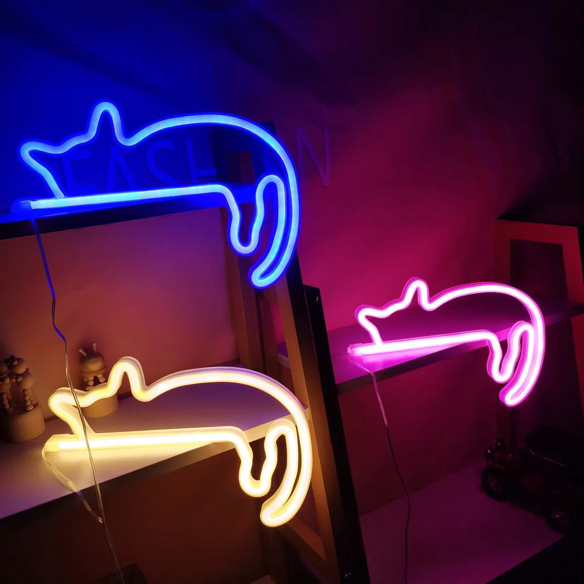 néon mural chat forme bleu rose moderne veilleuse lumineuse décoration intérieure cadeauOpaque