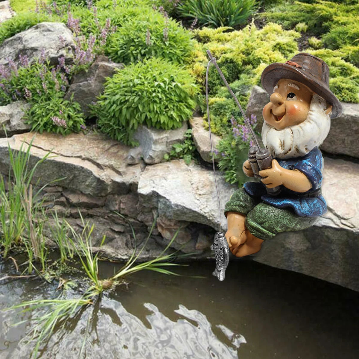 statue gnome pêcheur résine beige marron bleu vert gris argenté canne poisson décoration jardinextérieur