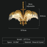 lustre vintage doré feuille palmier cristaux transparents pendentif grande salle