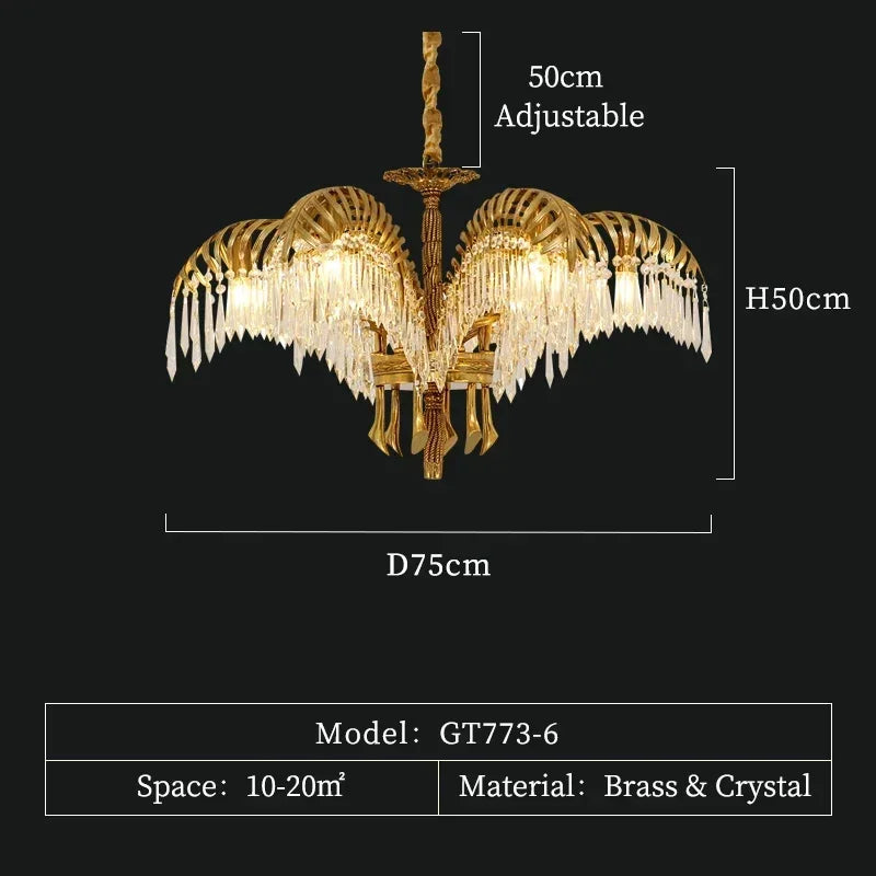 lustre vintage doré feuille palmier cristaux transparents pendentif grande salle