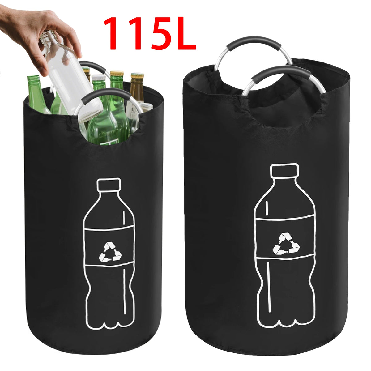 sac recyclage noir pliable oxford cloth 82l 115l multiple utilisation bouteilles plastique symbole recyclage