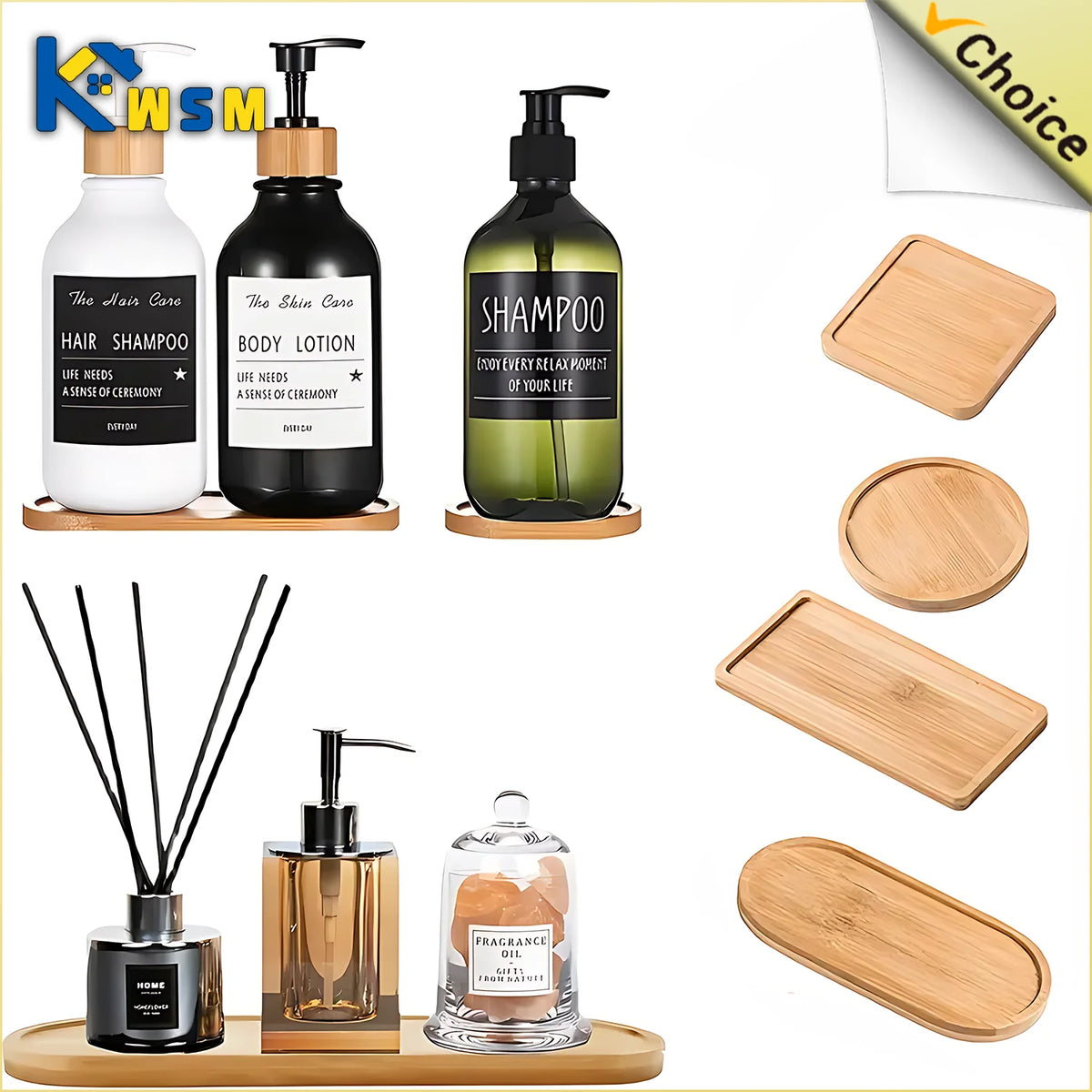 plateau bois rangement bouteilles savons bijoux blanc noir salle bain minimaliste naturel
