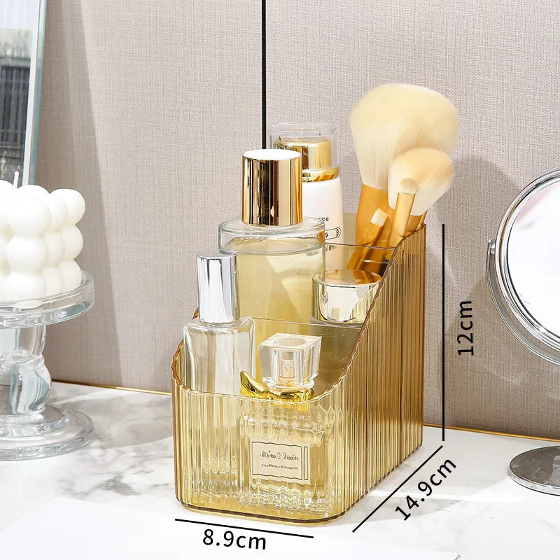 organisateur maquillage transparent moderne élégant brosse maquillage produits cosmétiques rayures verticales vert foncé doré