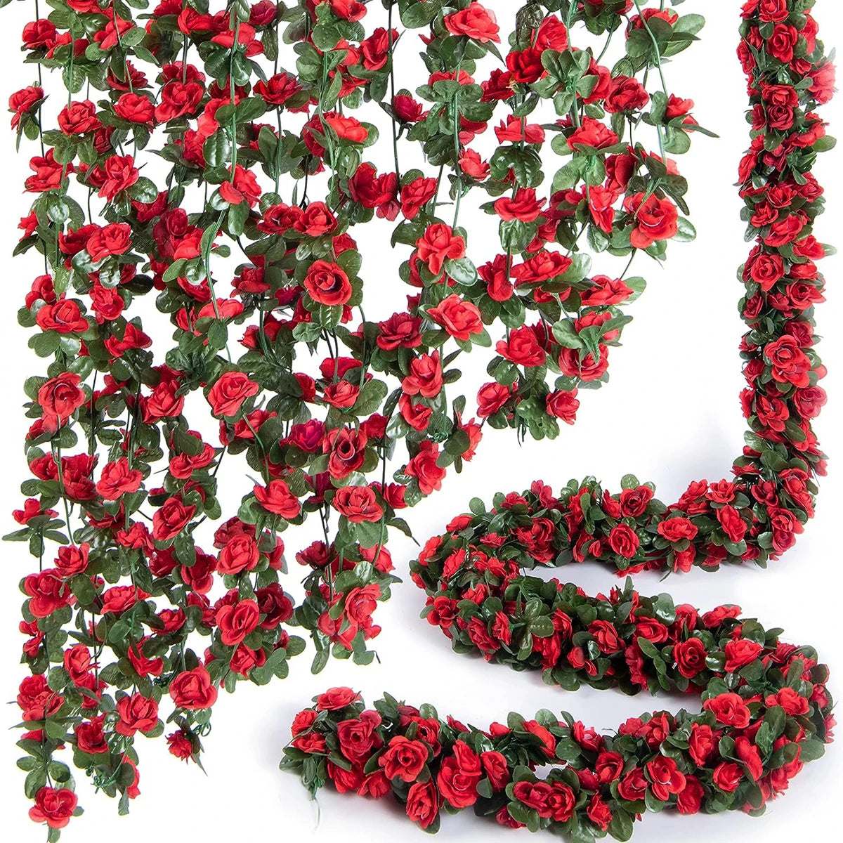 guirlande artificielle fleurs roses feuilles vertes décoration romantique maison mariageextérieur anniversaire chambre