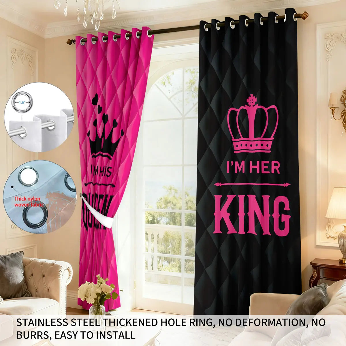 rideaux moderne rose vif noir quilted couronnes mots opaques anneaux métalliques salon