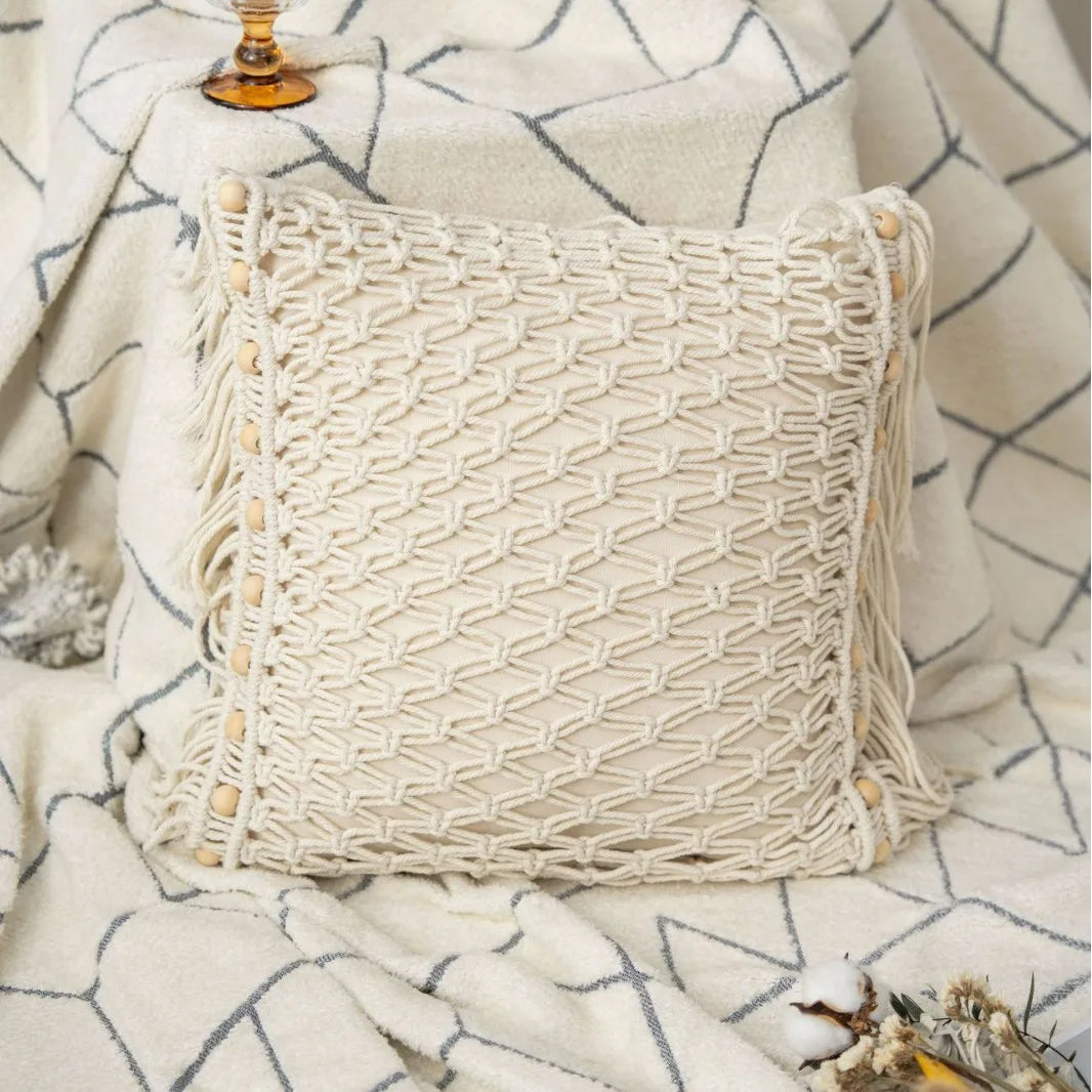 taies d'oreiller géométriques bohèmes crème franges macramé décoratives maison hospitalière