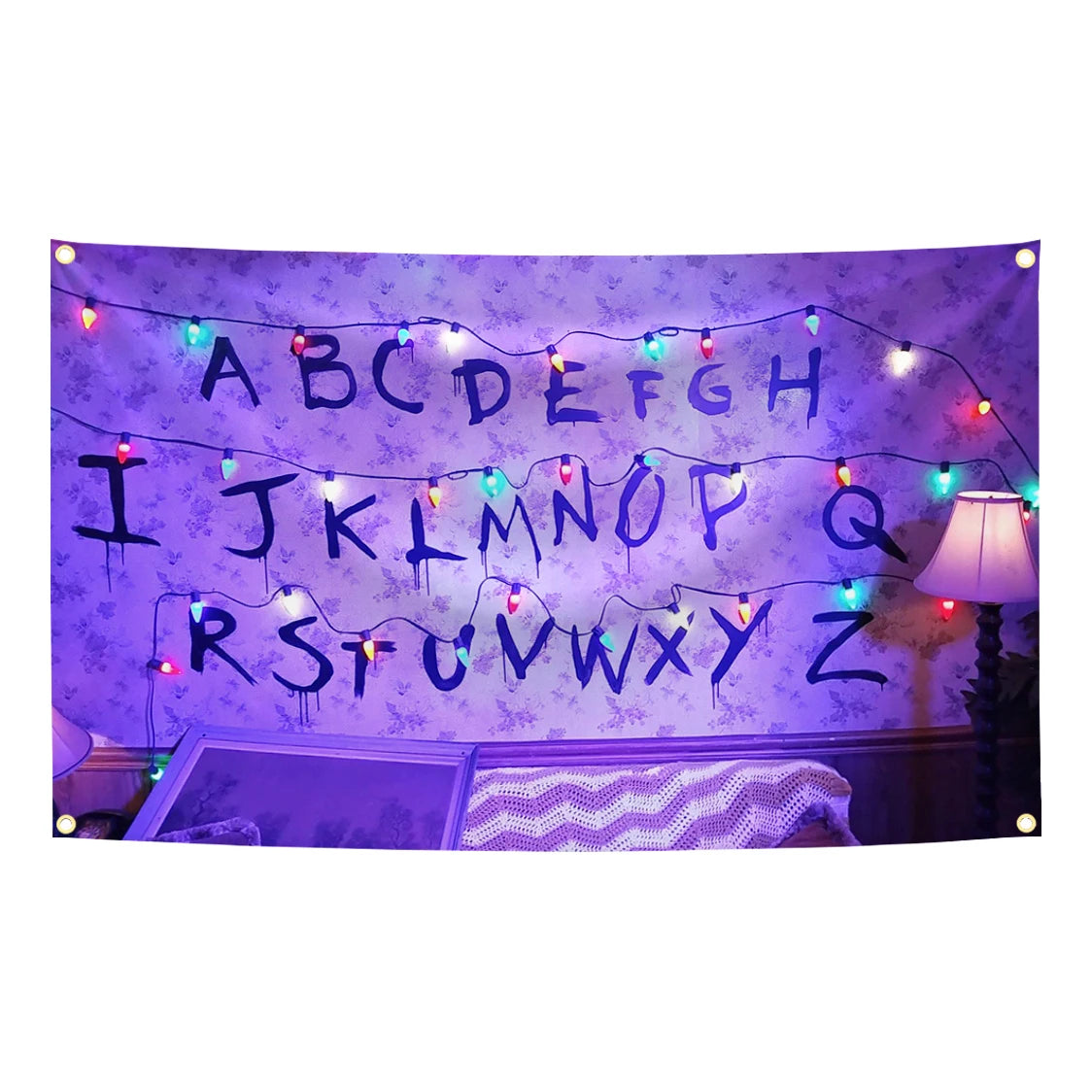 tapisserie murale décoration moderne alphabet anglais guirlande lumineuse violet noir beige blanc tissu polyester