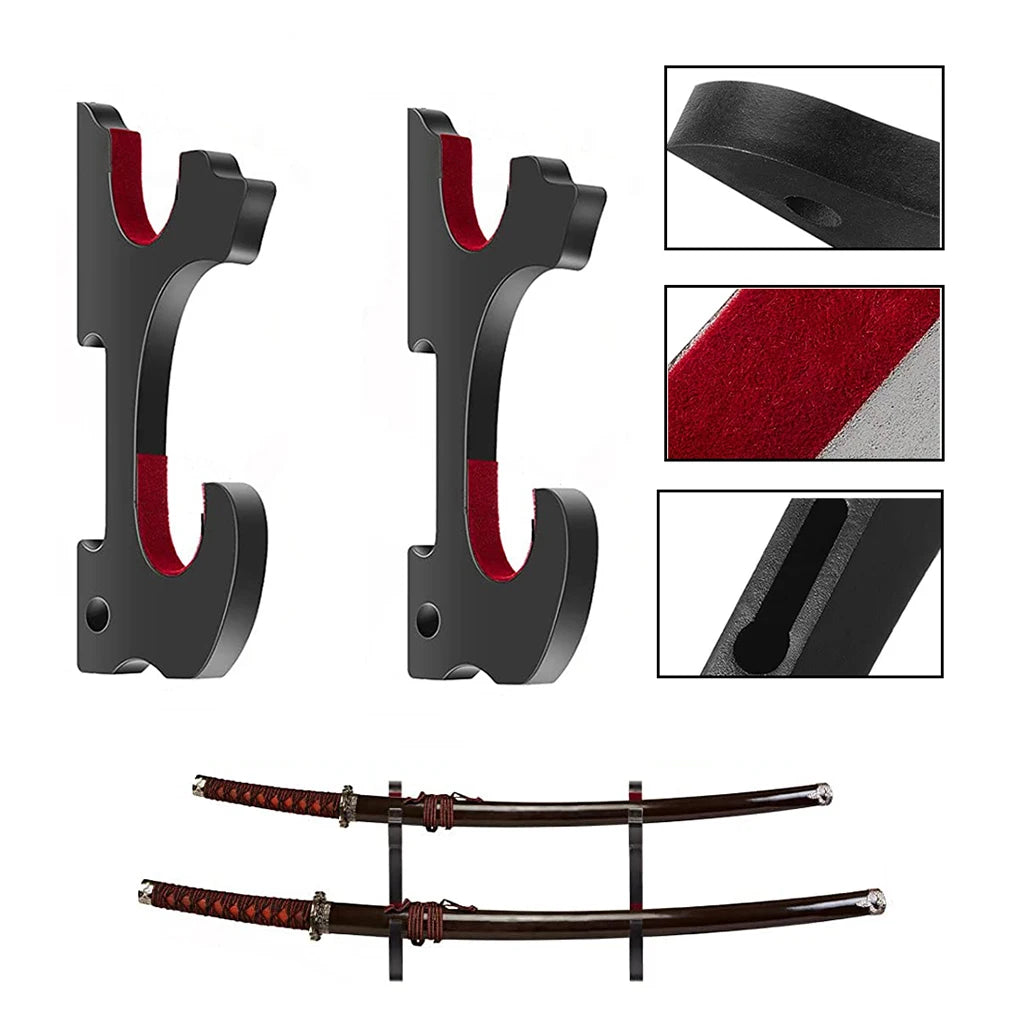 support mural double katana bois noir rouge esthétique japonaise decoration samurai sword holder fixture