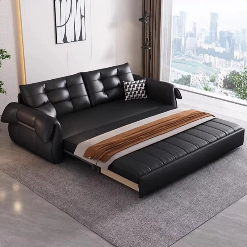 canapé lit noir simili cuir moderne coussin décoratif table basse tapis couverture
