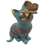 statue chaton papillon résine bleu turquoise doré aspect vieilli patio jardin