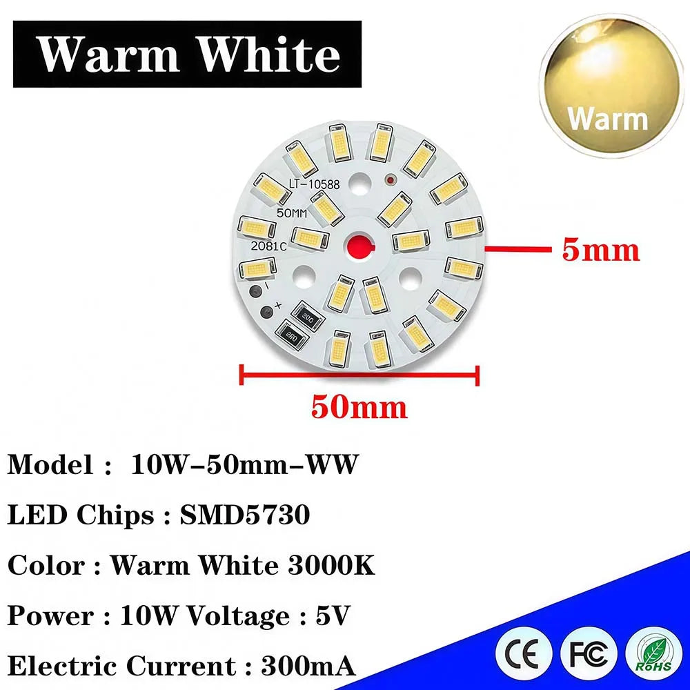 plaque led ronde blanc blanc chaud 6000k 3000k smd sddm 5w 10w 50mm 5v