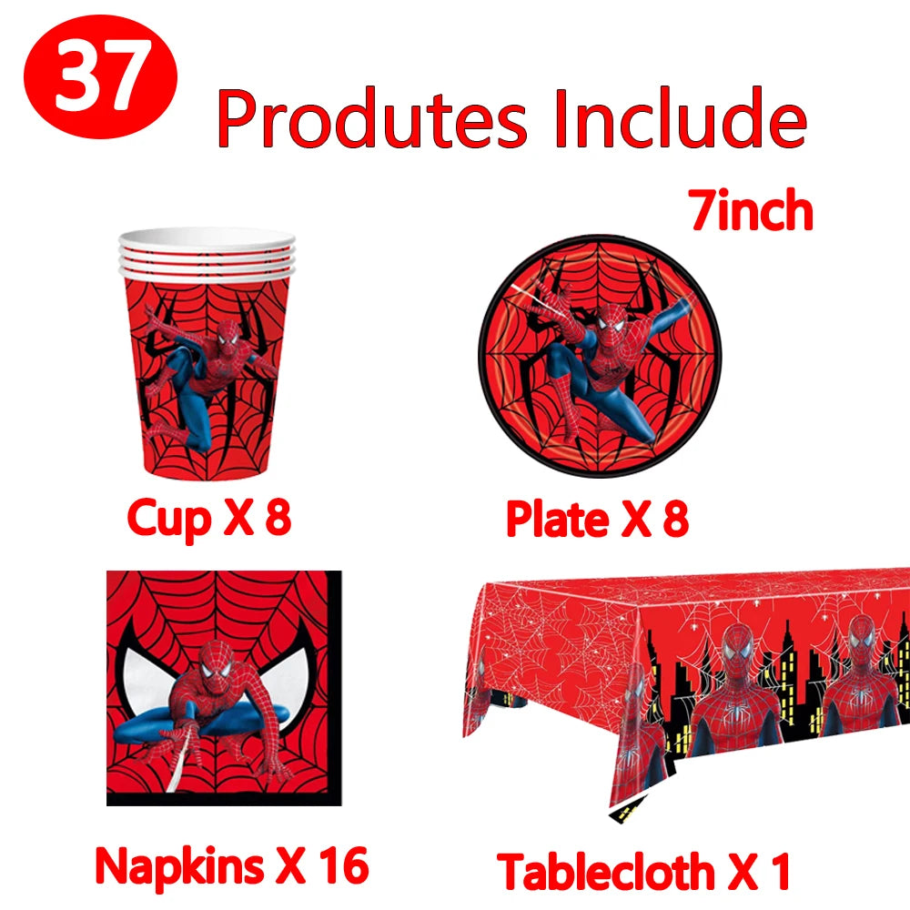 ensemble décoration anniversaire spider man vaisselle jetable nappe assiettes gobelets banderole ballons rouges