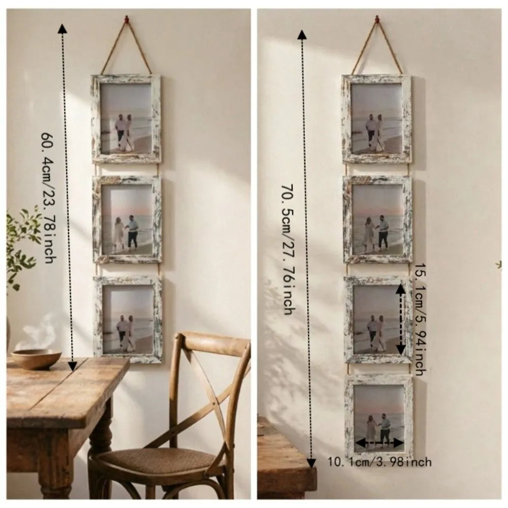 cadre mural plusieurs compartiments moderne minimaliste bois naturel noir cordelette suspension photo famille