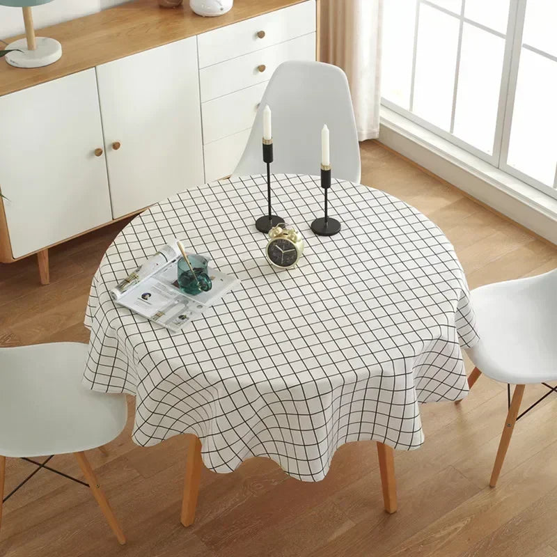nappe table ronde motif géométrique moderne jaune gris bleu vert blanc décoration maison