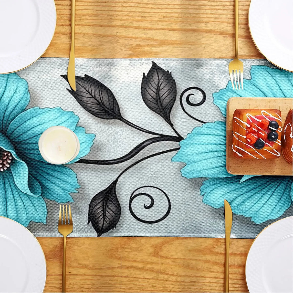 chemin table moderne floral bleu clair gris polyester imitation lin neutreintérieurhôtel