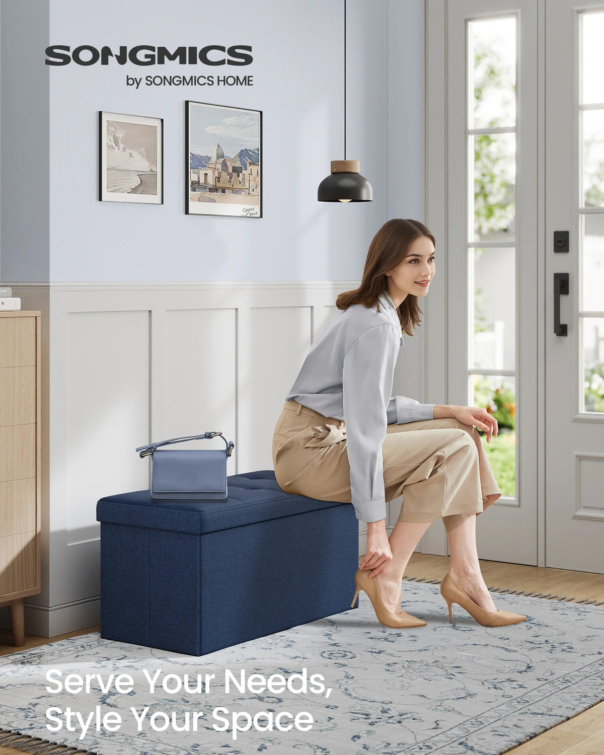 banquette rangement pliable bleu marine tissu boutons carrés moderne intérieur confortable