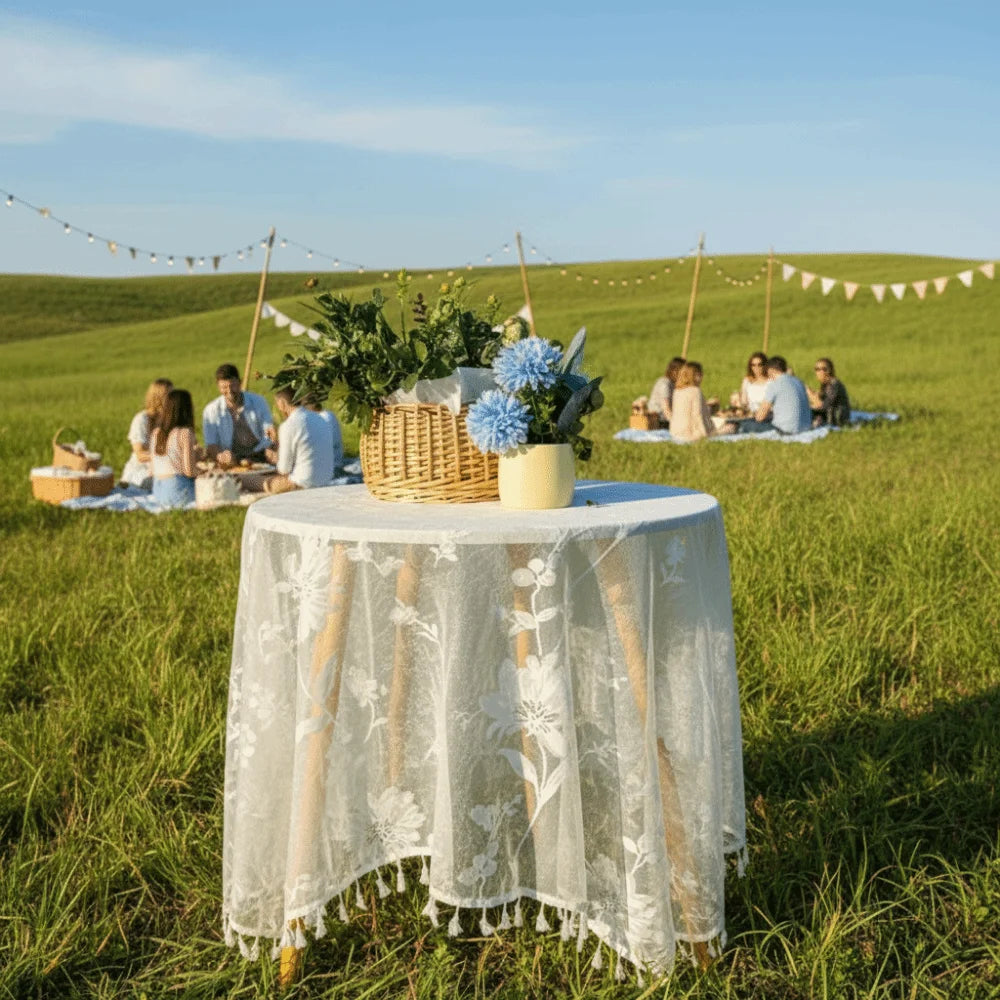 nappe table broderie florale blanc boho chic pompons franges semi transparente vintage dimensionnée