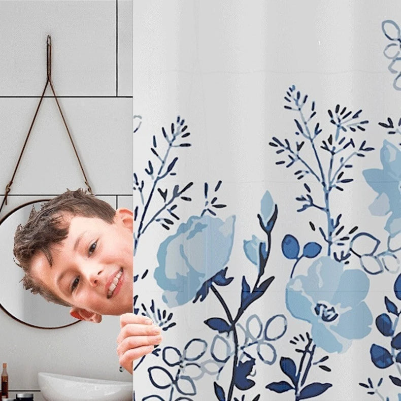 rideau douche peva fleurs stylisées blanc bleu moderne opacité 120cm 150cm 180cm 200cm 240cm