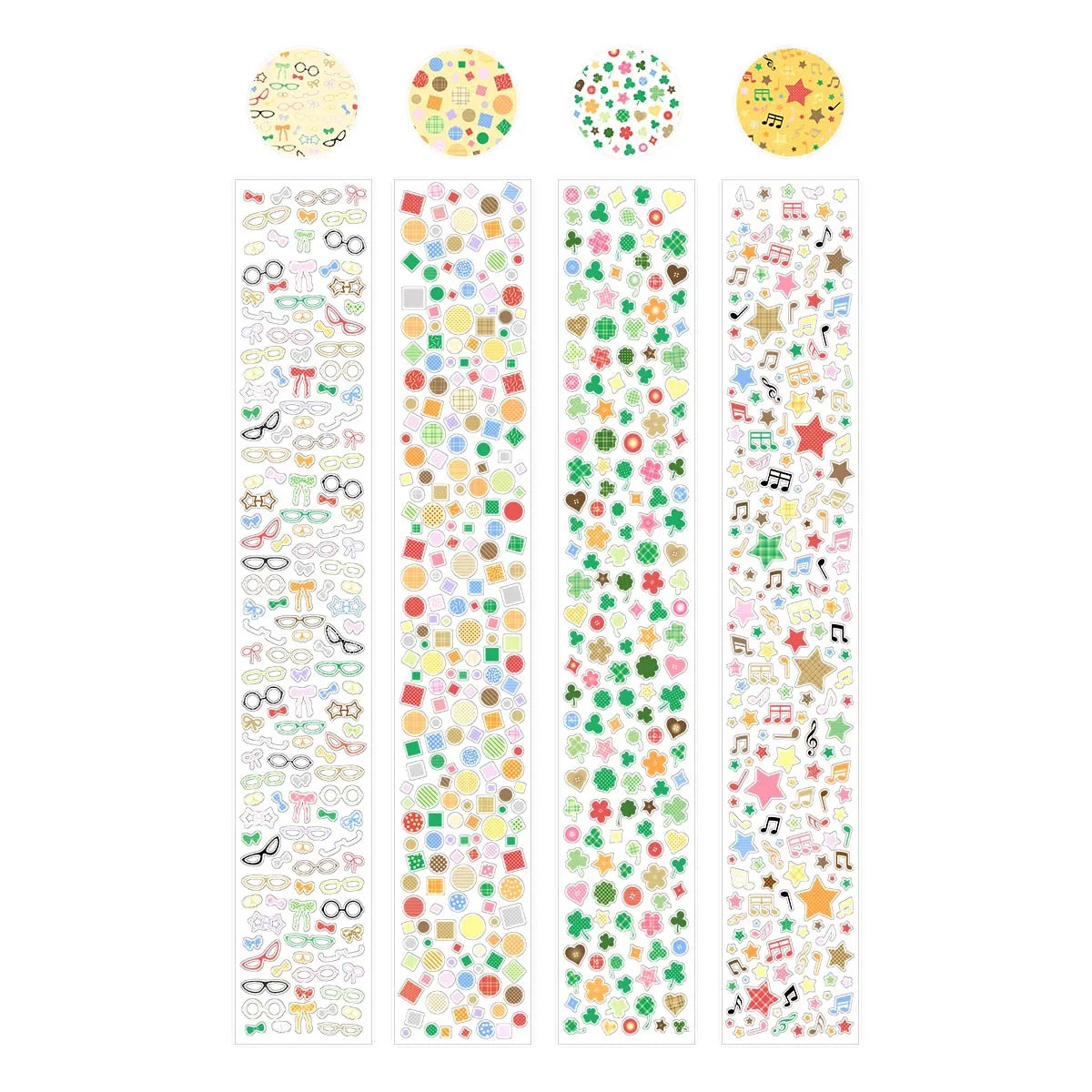 rubans autocollants transparents multicolores étoiles notes musicales cercles coeurs enfantins
