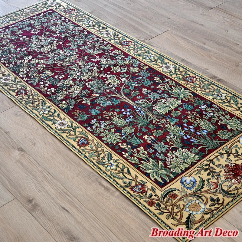 tapis coton brodé floral art deco rouge vert beige blanc 70x160cm