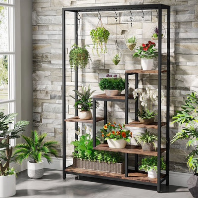 Support pour plantes d'intérieur 5 niveaux en métal noir avec plantes vertes