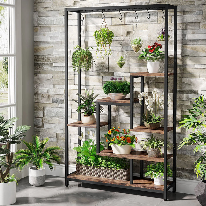 Support pour plantes d'intérieur 5 niveaux en métal noir avec plantes vertes