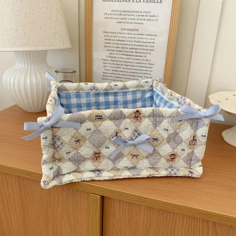 paniers rangement coton pois carreaux rayures ours rose clair blanc bleu clair beige texturé