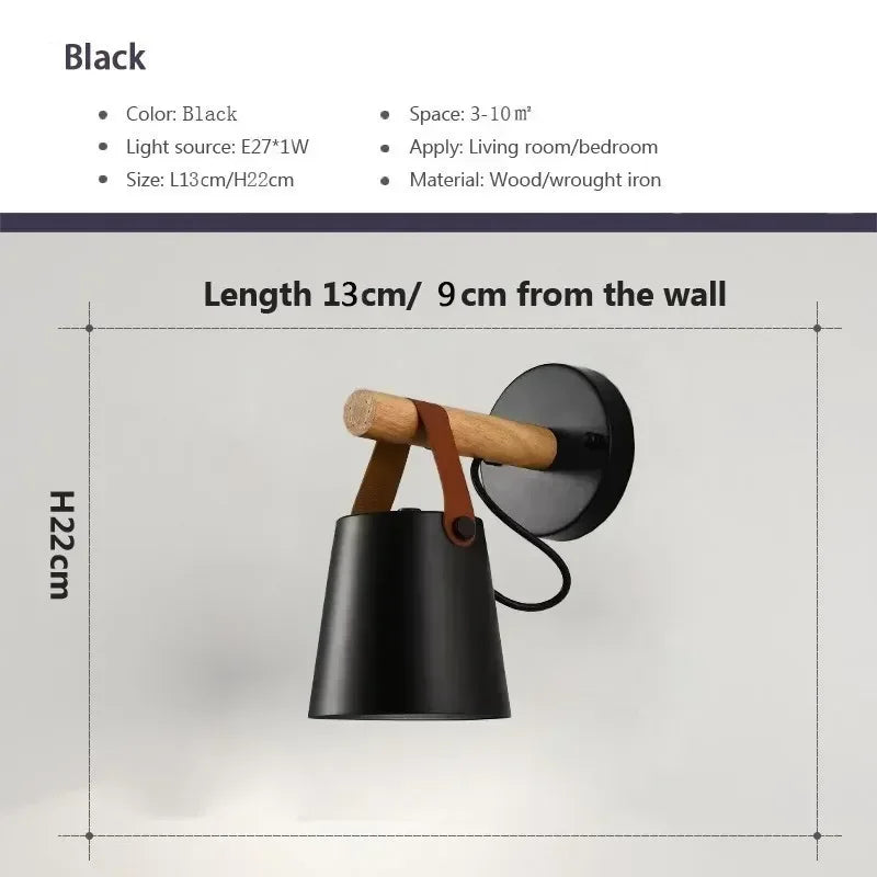 lampe murale moderne minimaliste bois blanc conique abatjour simili cuir noir suspension chambre salon