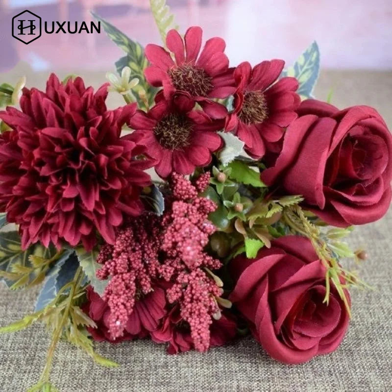 bouquet fleurs artificielles vintage intérieur décoration maison rouge blanc rose orange marron