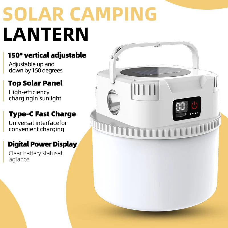lanterne solaire portable camping led rechargeable fixation poignée écran digital prise type