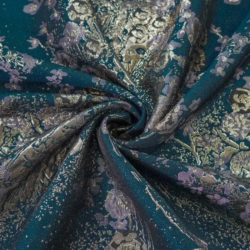 tissu brodé floral texturé bleu foncé violet or luxueux polyester 150cm