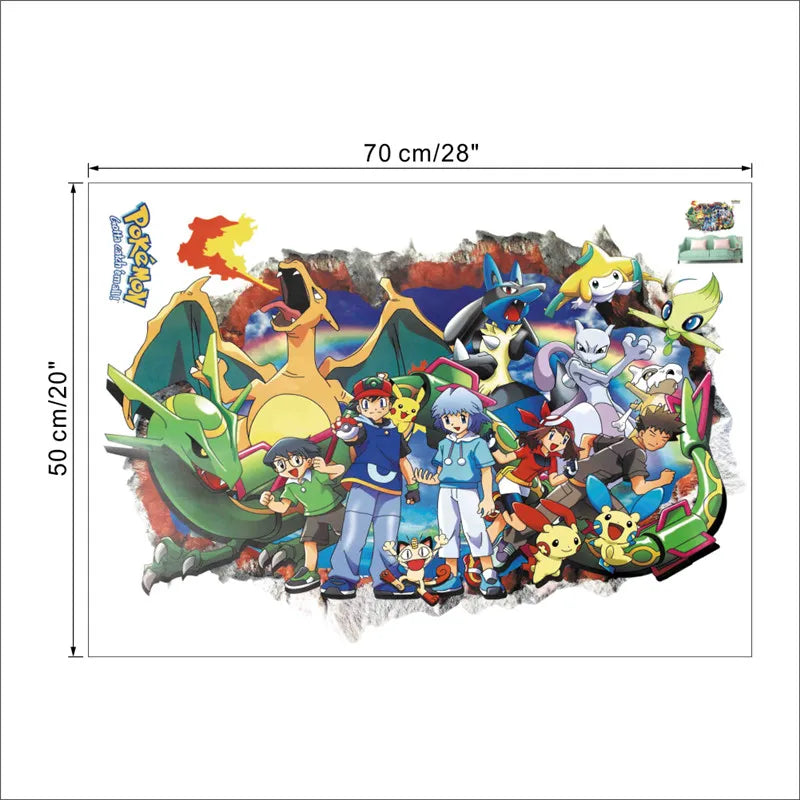 sticker mural 3d pokemon pikachu personnages animés arrière plan naturel adhésif
