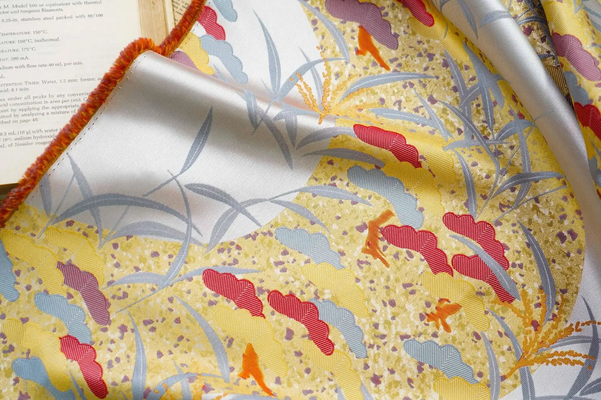 tissu imprimé moderne fleurs feuilles stylisées blanc jaune rouge gris orange polyester 165cm bricolage