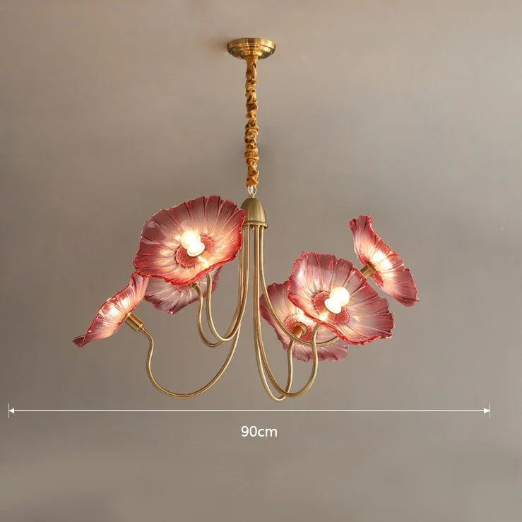 lustre moderne or rouge blanc feuilles florales translucides chambre salon