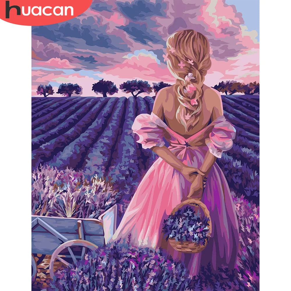 tableau paysager toile lavande ciel coloré cadre doré décoration maison vintage réaliste enfants famille