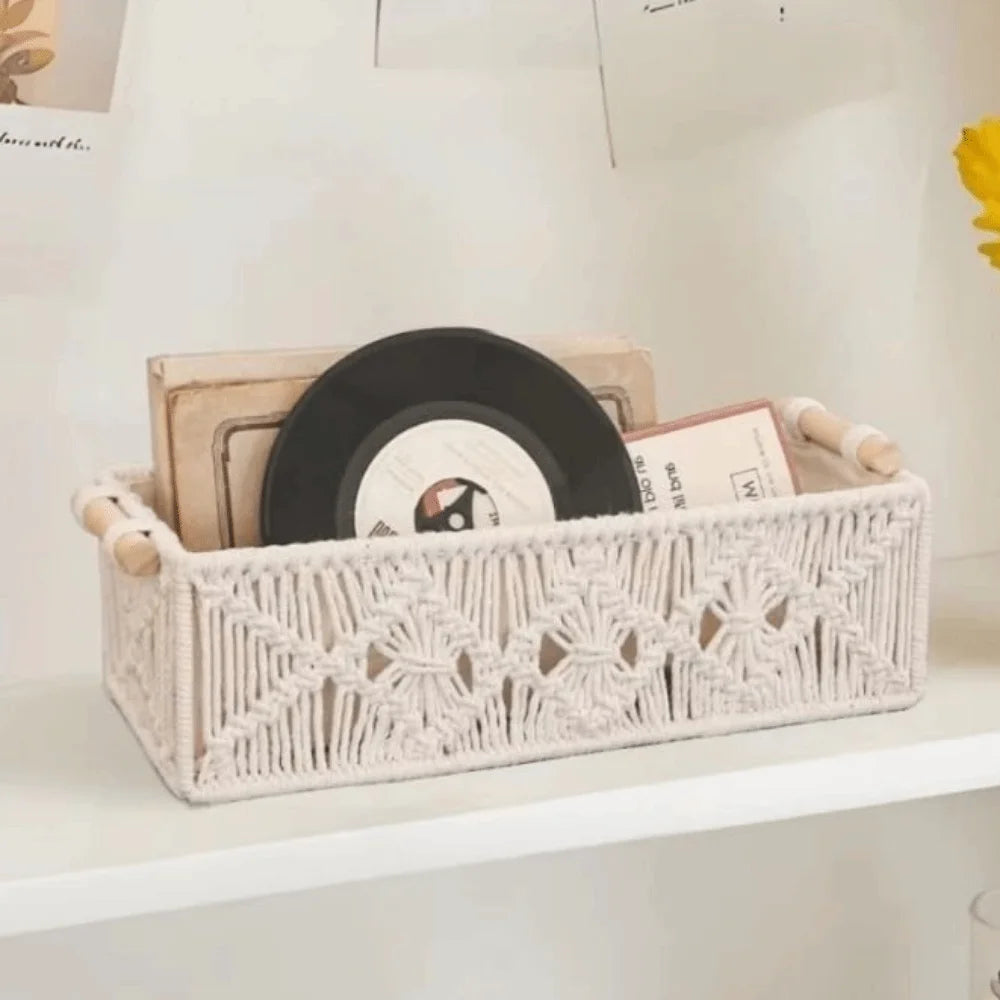 panier rangement tressé bohème motif floral blanc crème robuste utilisation multiple empilable rustic