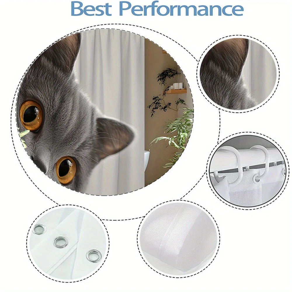 rideau douche chaton gris blanc motif humoristique moderne tringle texture polyester blanc fond