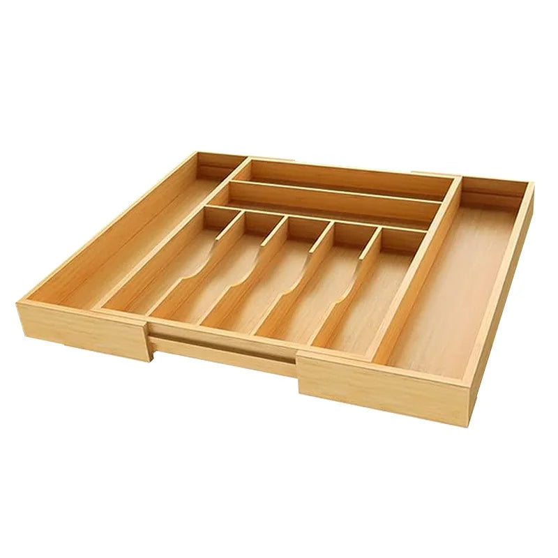 organisateur tiroir bambou moderne rayures horizontales contenant ciseaux ruban adhésif pinces crayons cuillères fourchettes