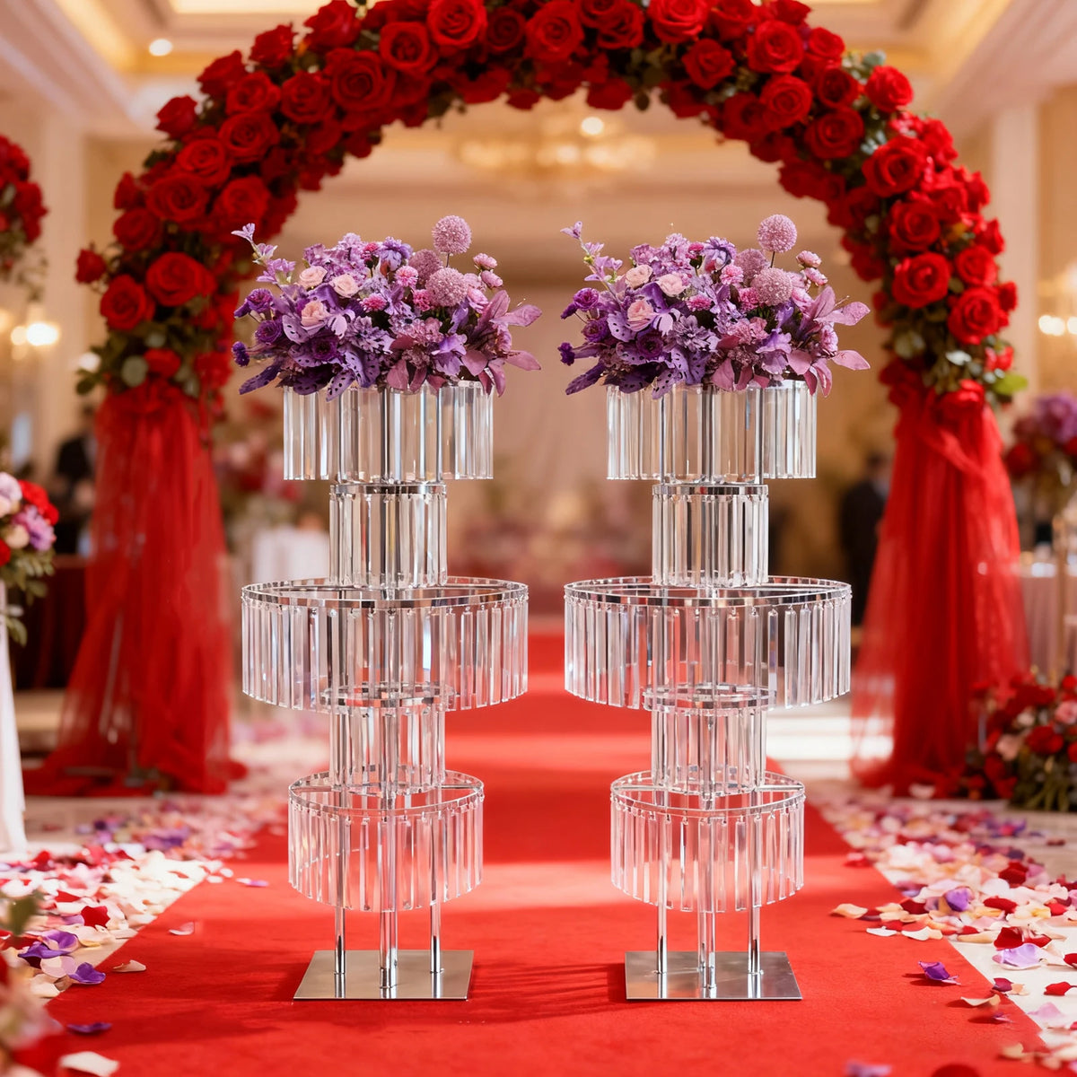 support fleurs moderne or rondelles transparentes décoration table mariage anniversaire pieds