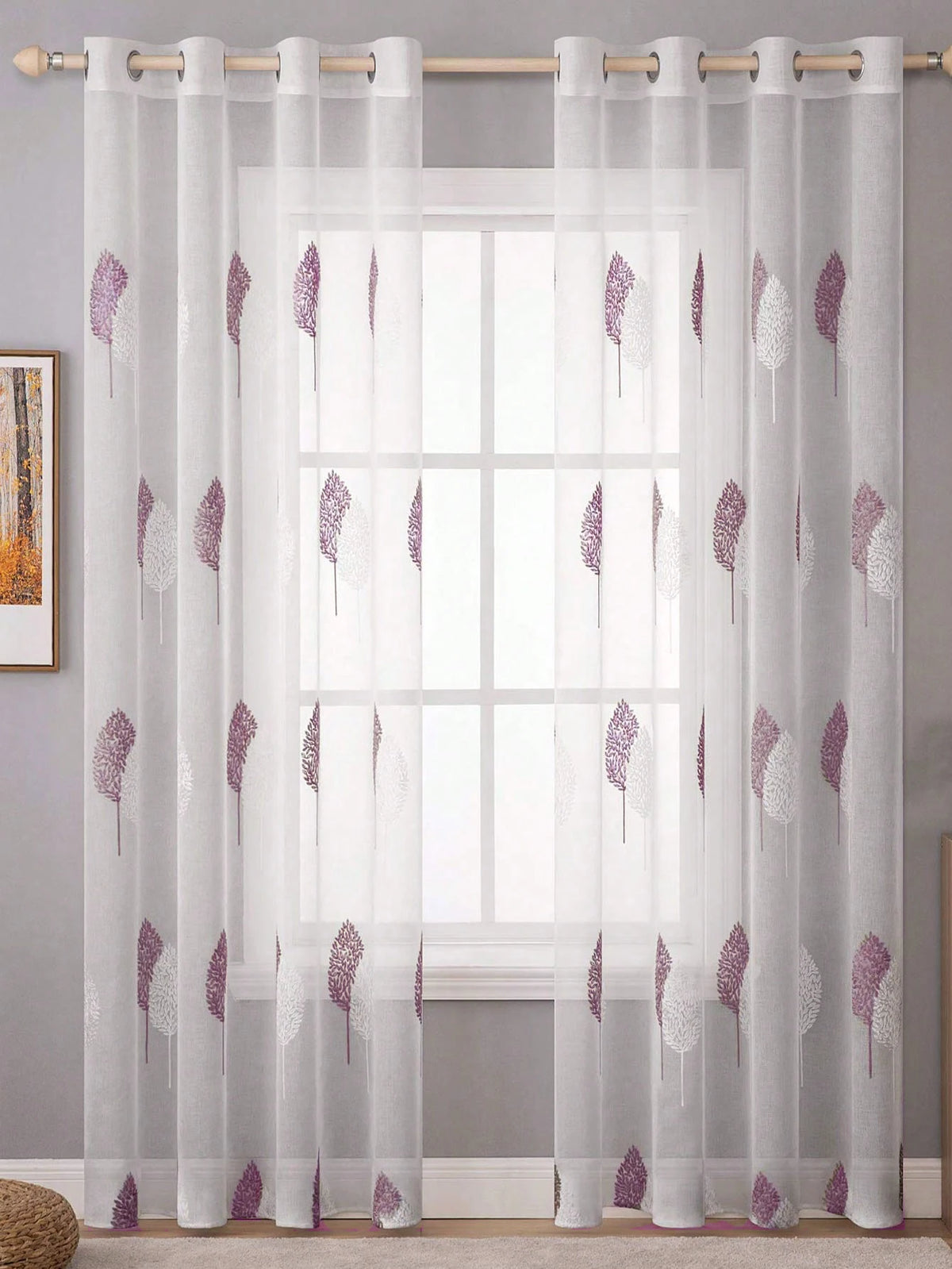 rideaux transparents brodés motifs floraux violet argenté décoratifs fenêtre maison